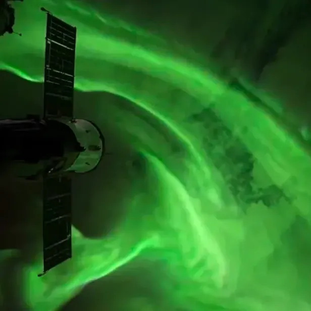 Vom Weltraum aus erscheint die Aurora Australis wie ein grüner Nebel.